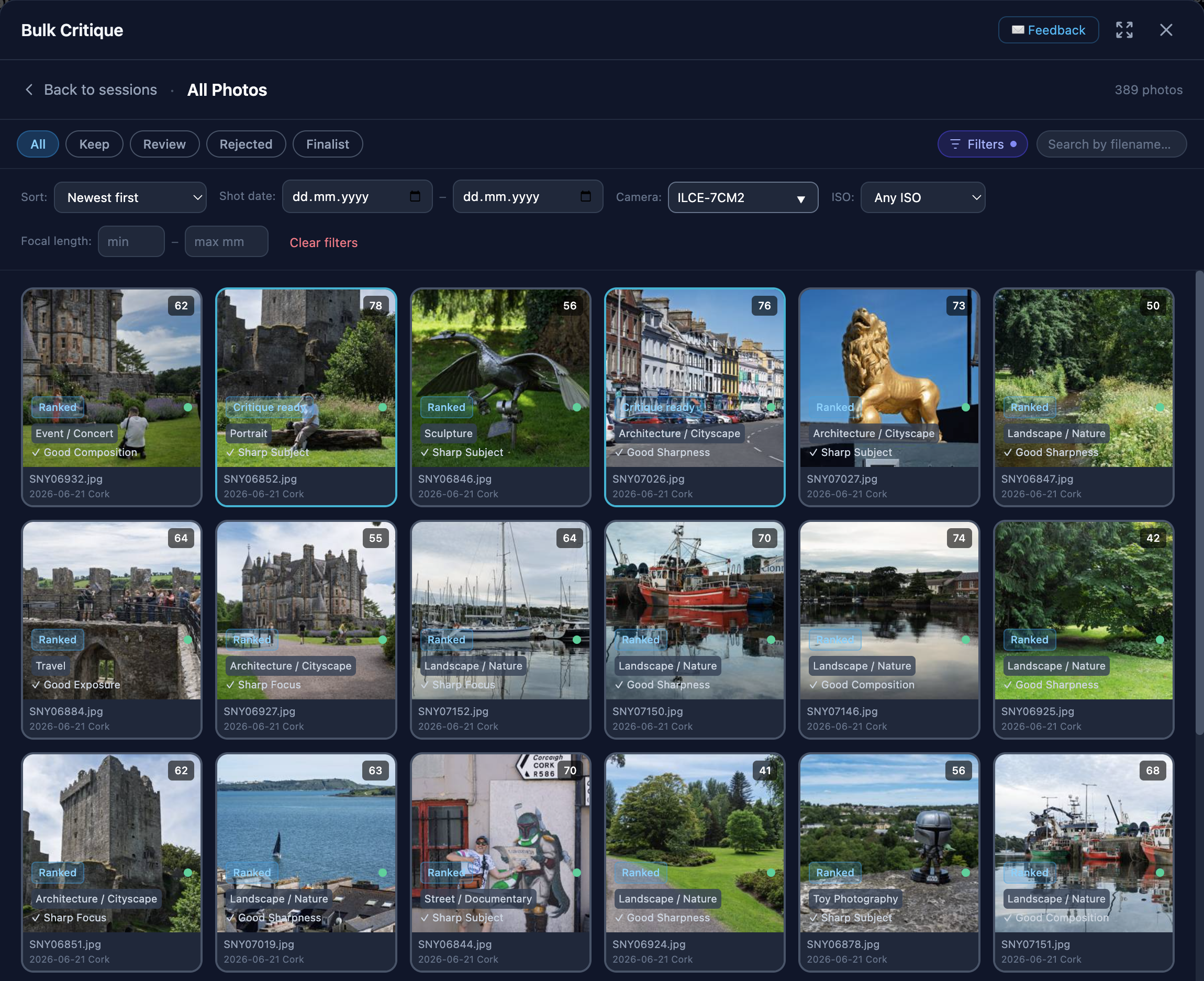 All Photos cross-session library with AI scores, genre tags, and filters by camera, ISO, and date