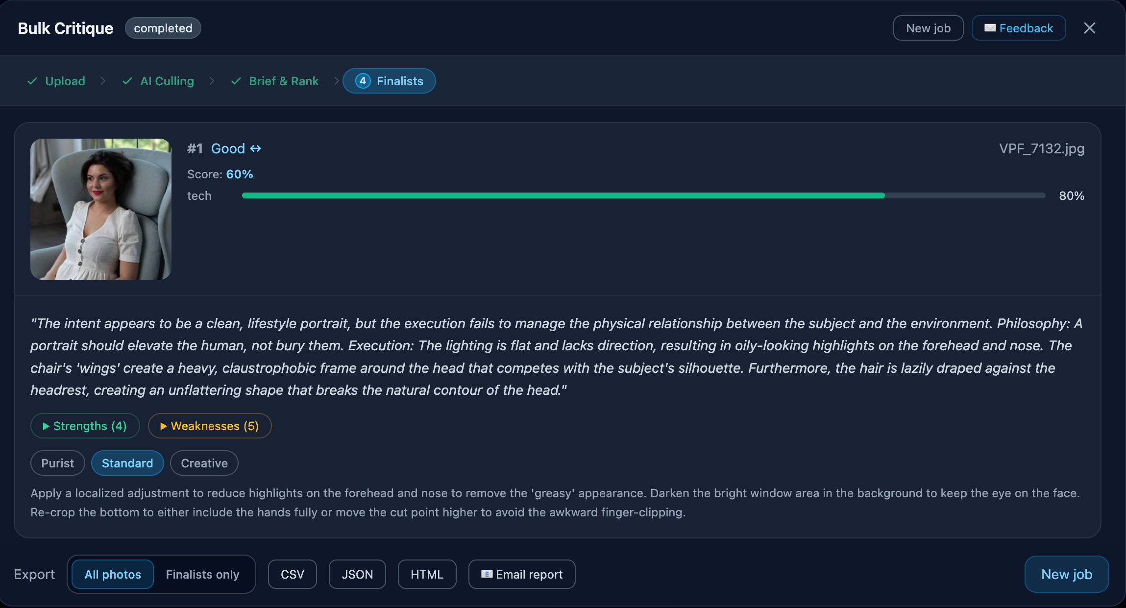 Bulk Culling finalists view with ranked portraits and review filters