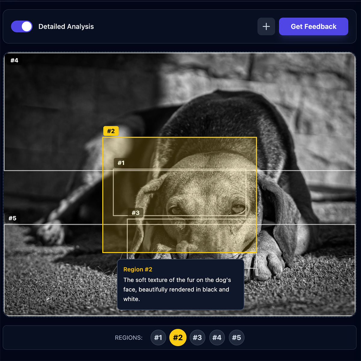 Photomentor AI analyzing a portrait photo with detailed feedback